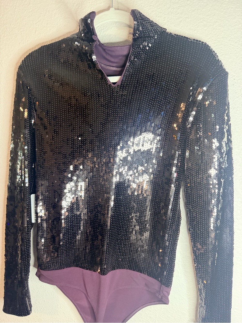 Express Women’s Black Sequin Bodysuit with Plum Lining